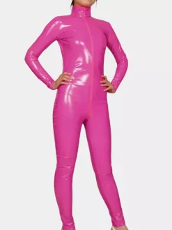 Black Long Sleeves Shiny Metallic fabric Catsuit Front Zipper Unisex Body Suit