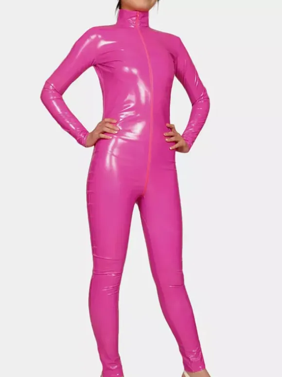 Black Long Sleeves Shiny Metallic fabric Catsuit Front Zipper Unisex Body Suit