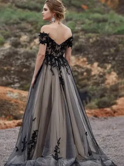 Black Loyal Wedding Dresses Lace A-Line Short Sleeves Natural Waist Lace Court Train Bridal Dress