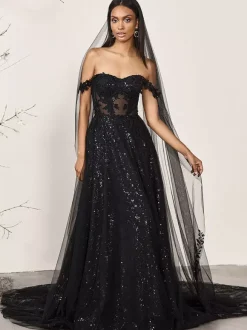 Black Loyal Wedding Dresses Lace A-Line Sleeveless Natural Waist Lace Sweep Bridal Dress