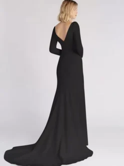 Black Loyal Wedding Dresses Satin Fabric Mermaid Long Sleeves Natural Waist With Train Bridal Dress