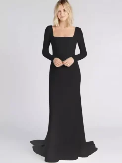 Black Loyal Wedding Dresses Satin Fabric Mermaid Long Sleeves Natural Waist With Train Bridal Dress