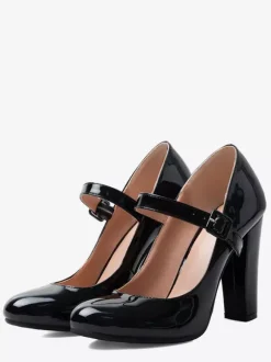 Black Mary Jane Shoes Round Toe Chunky Heel Pumps
