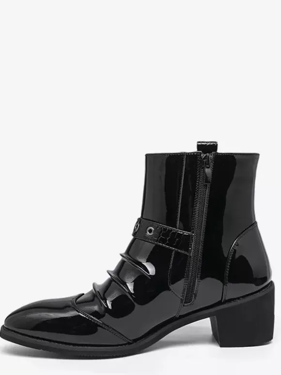 Black Men's Ankle Boots Round Toe Ruched Chain Detail Booties