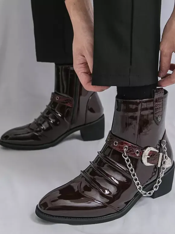 Black Men's Ankle Boots Round Toe Ruched Chain Detail Booties