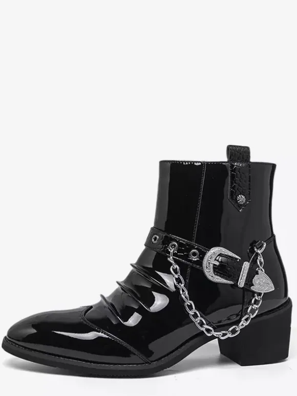 Black Men's Ankle Boots Round Toe Ruched Chain Detail Booties
