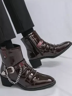 Black Men's Ankle Boots Round Toe Ruched Chain Detail Booties