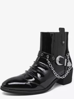 Black Men's Ankle Boots Round Toe Ruched Chain Detail Booties