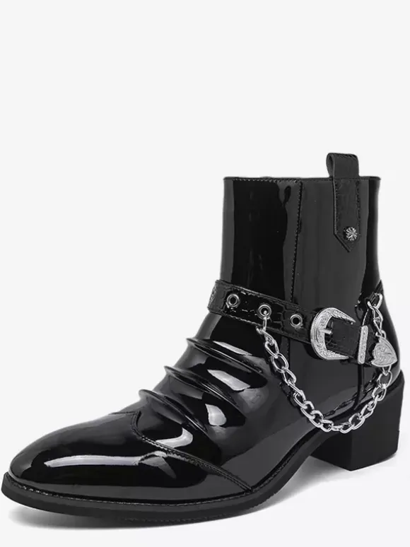 Black Men's Ankle Boots Round Toe Ruched Chain Detail Booties