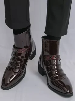 Black Men's Ankle Boots Round Toe Ruched Chain Detail Booties