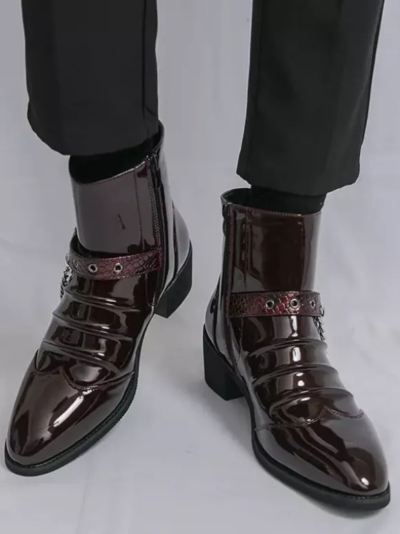 Black Men's Ankle Boots Round Toe Ruched Chain Detail Booties
