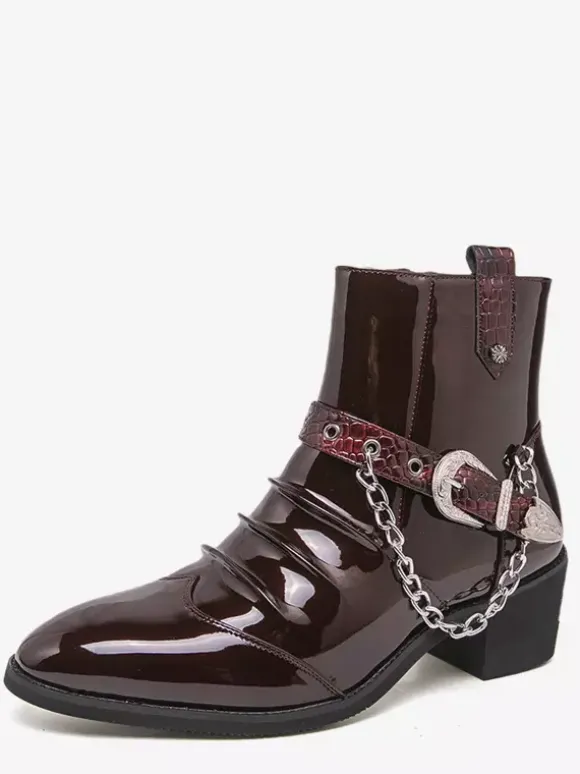 Black Men's Ankle Boots Round Toe Ruched Chain Detail Booties
