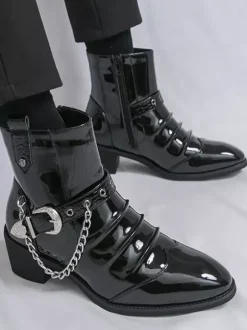 Black Men's Ankle Boots Round Toe Ruched Chain Detail Booties