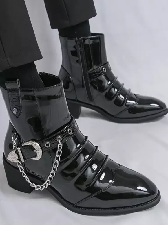Black Men's Ankle Boots Round Toe Ruched Chain Detail Booties