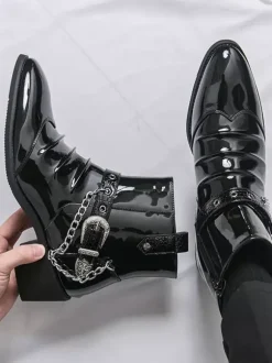 Black Men's Ankle Boots Round Toe Ruched Chain Detail Booties