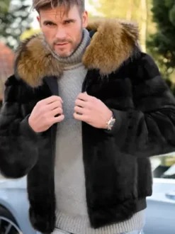 Black Men's Faux Fur Coat Winter Warm Long-Sleeved Jacket with Turn-Down Collar and Hood