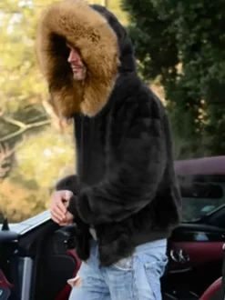 Black Men's Faux Fur Coat Winter Warm Long-Sleeved Jacket with Turn-Down Collar and Hood