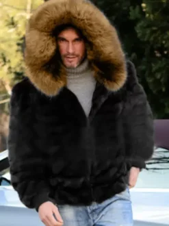 Black Men's Faux Fur Coat Winter Warm Long-Sleeved Jacket with Turn-Down Collar and Hood