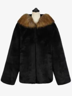 Black Men's Faux Fur Coat Winter Warm Long-Sleeved Jacket with Turn-Down Collar and Hood