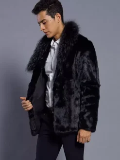 Black Men's Faux Fur Coat Winter Warm Long-Sleeved Jacket with Turn-Down Collar