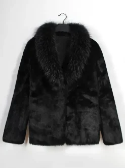 Black Men's Faux Fur Coat Winter Warm Long-Sleeved Jacket with Turn-Down Collar