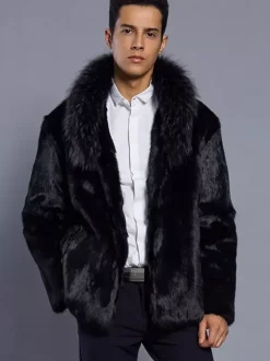 Black Men's Faux Fur Coat Winter Warm Long-Sleeved Jacket with Turn-Down Collar