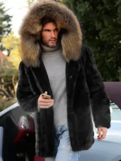 Black Men's Faux Fur Coat Winter Warm Long-Sleeved Jacket with Turn-Down Collar and Hood