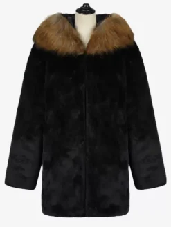 Black Men's Faux Fur Coat Winter Warm Long-Sleeved Jacket with Turn-Down Collar and Hood