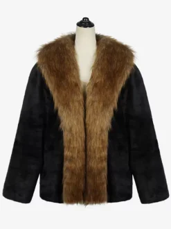 Black Men's Faux Fur Coat Winter Warm Long-Sleeved Jacket with Turn-Down Collar, Thick