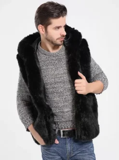 Black Men's Faux Fur Vest Winter Warm Sleeveless Jacket with Turn-Down Collar and Hood