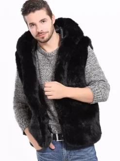 Black Men's Faux Fur Vest Winter Warm Sleeveless Jacket with Turn-Down Collar and Hood