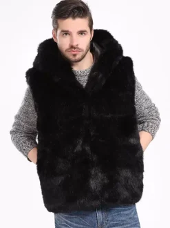 Black Men's Faux Fur Vest Winter Warm Sleeveless Jacket with Turn-Down Collar and Hood