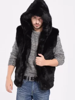 Black Men's Faux Fur Vest Winter Warm Sleeveless Jacket with Turn-Down Collar and Hood
