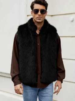 Black Men's Faux Fur Vest Winter Warm Sleeveless Jacket