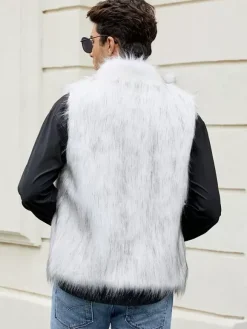 Black Men's Faux Fur Vest Winter Warm Sleeveless Jacket