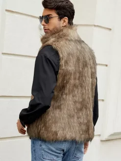 Black Men's Faux Fur Vest Winter Warm Sleeveless Jacket