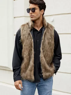 Black Men's Faux Fur Vest Winter Warm Sleeveless Jacket