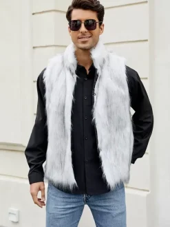 Black Men's Faux Fur Vest Winter Warm Sleeveless Jacket