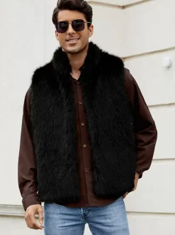 Black Men's Faux Fur Vest Winter Warm Sleeveless Jacket