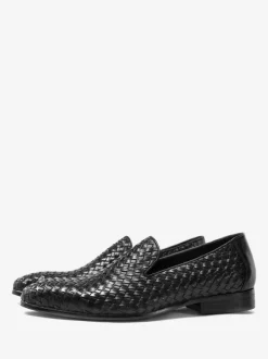 Black Men's Loafers Round Toe Cowhide Slip On Dress Shoes
