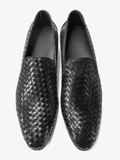 Black Men's Loafers Round Toe Cowhide Slip On Dress Shoes