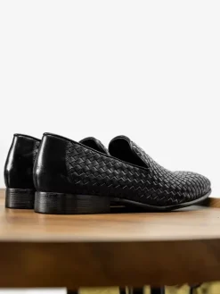 Black Men's Loafers Round Toe Cowhide Slip On Dress Shoes