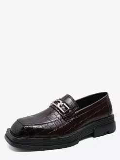 Black Men's Prom Shoes Round Toe Stone Pattern Metal Detail Dress Shoes