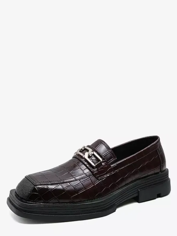 Black Men's Prom Shoes Round Toe Stone Pattern Metal Detail Dress Shoes