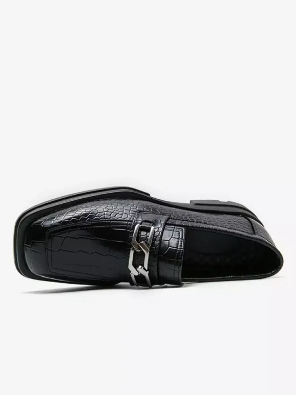 Black Men's Prom Shoes Round Toe Stone Pattern Metal Detail Dress Shoes