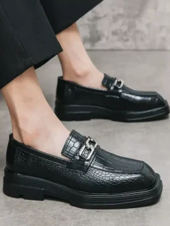 Black Men's Prom Shoes Round Toe Stone Pattern Metal Detail Dress Shoes