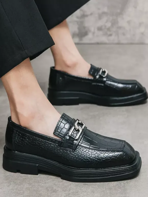 Black Men's Prom Shoes Round Toe Stone Pattern Metal Detail Dress Shoes