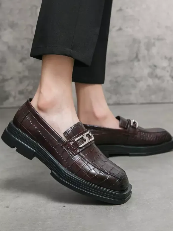 Black Men's Prom Shoes Round Toe Stone Pattern Metal Detail Dress Shoes