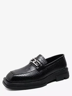 Black Men's Prom Shoes Round Toe Stone Pattern Metal Detail Dress Shoes