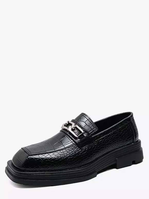 Black Men's Prom Shoes Round Toe Stone Pattern Metal Detail Dress Shoes